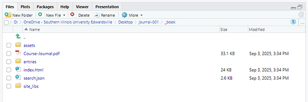 Files pane showing _book/ with index.html and the chapter pages.