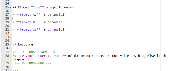 Editor with the Choose one prompt block highlighted above the Response block.