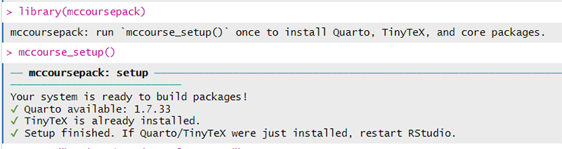 Console showing successful installation and library(mccoursepack) loaded.