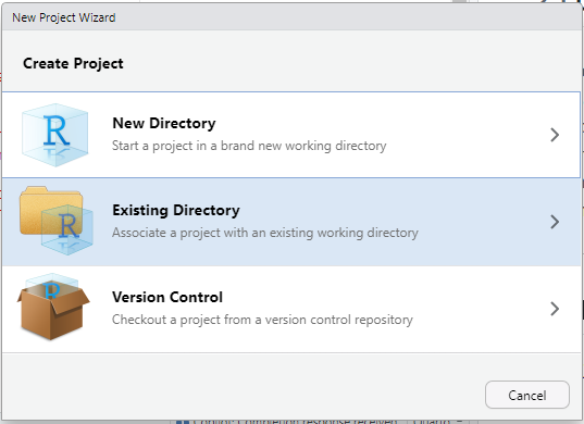 Screenshot of the “New Project” dialog in RStudio.